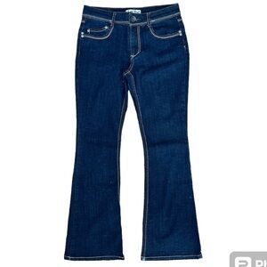 L.e.i Sophia Hiphugger Flare Low Rise Dark Wash White & Brown Embroidered Jeans